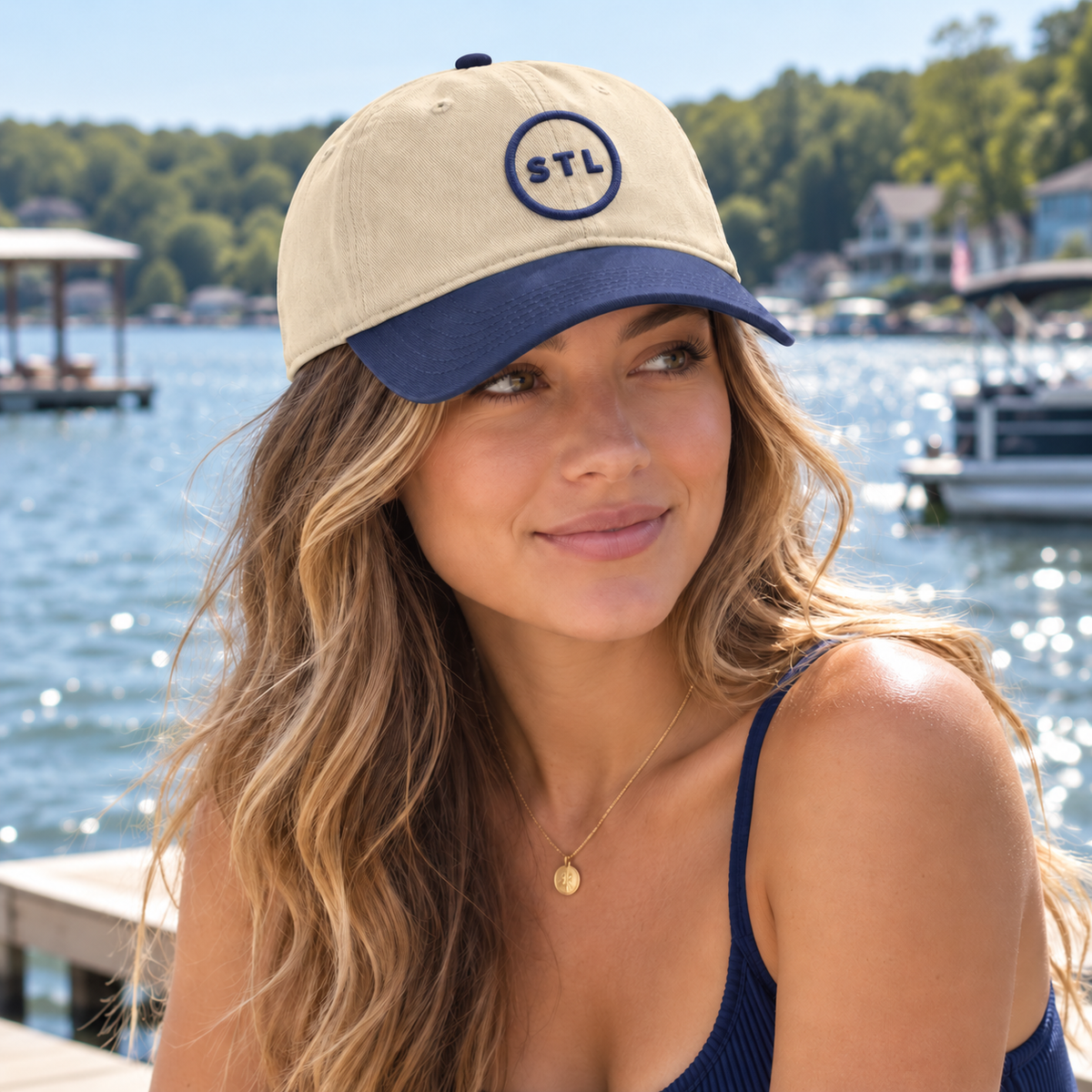 Natural/Blue Garment washed baseball cap