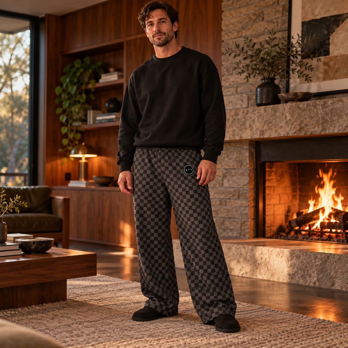 All-over Checker print unisex wide-leg pants